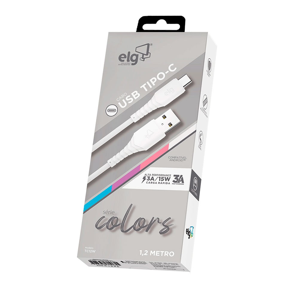 Cabo USB Tipo-C Emborrachado 1,2M  Branco ELG